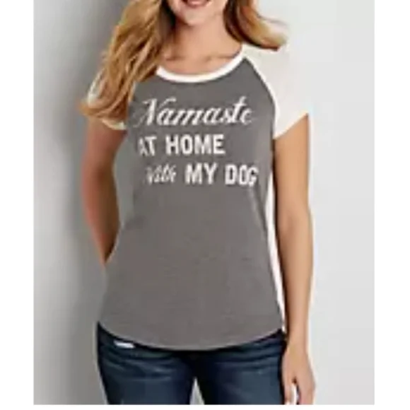 Maurices graphic tee tshirt scoop neck Namaste at home with my dog gray cream L - Picture 1 of 7